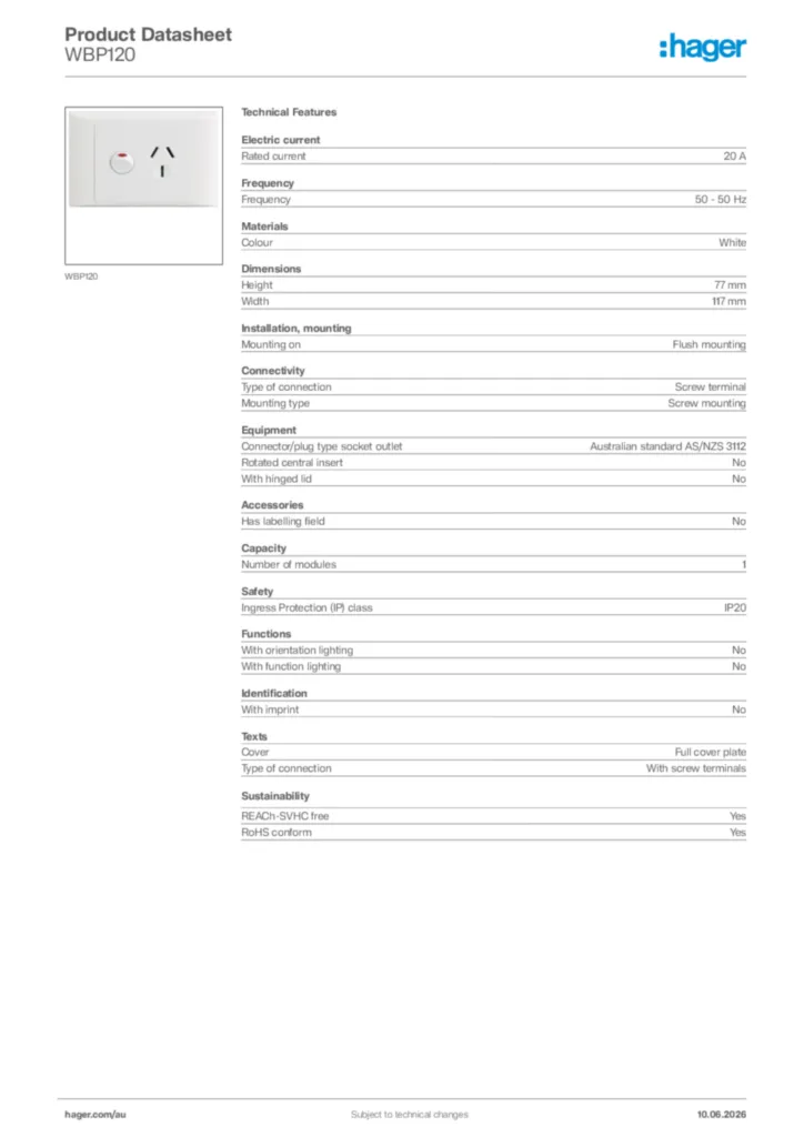 Image Hager Product data sheet WBP120  | Hager Australia