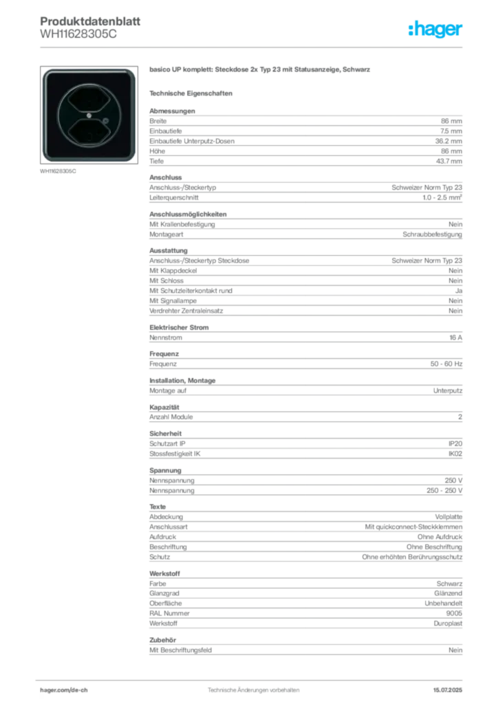 Bild Hager Produktdatenblatt WH11628305C | Hager Schweiz
