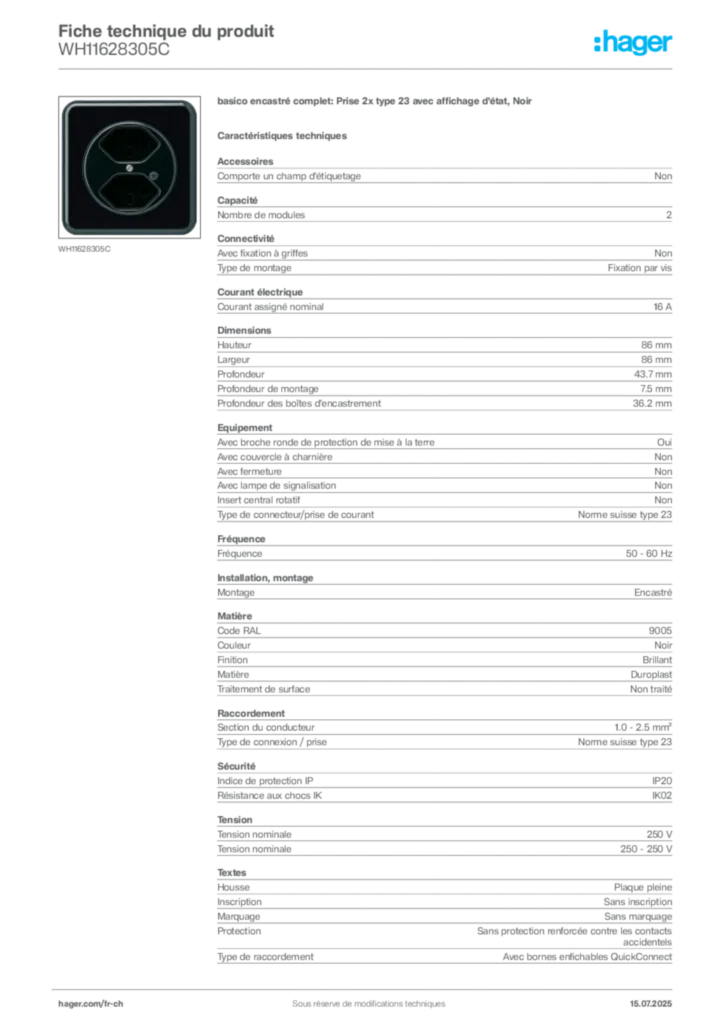 Image Hager Fiche technique du produit WH11628305C | Hager Suisse