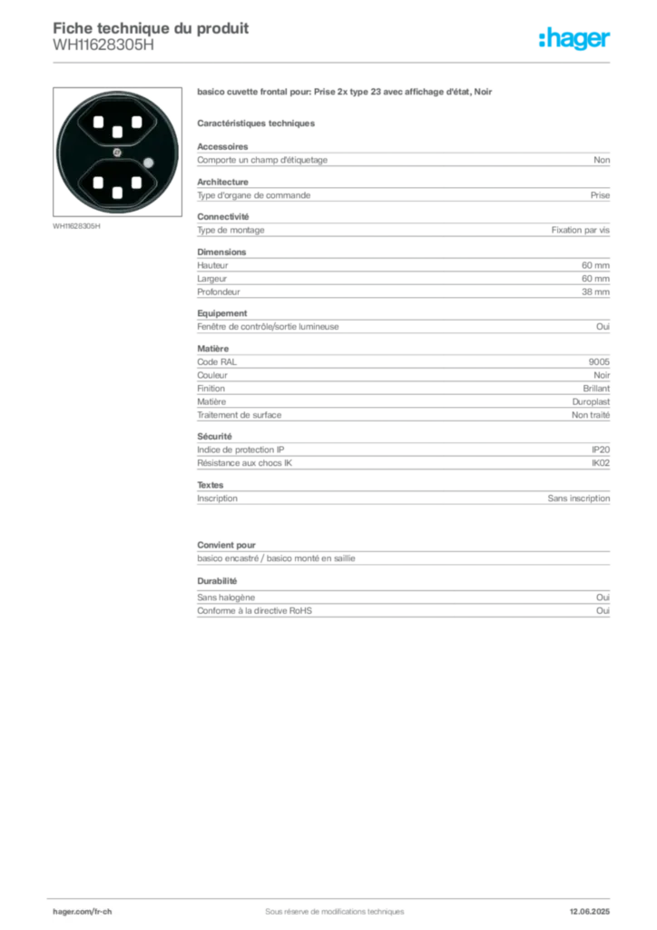 Image Hager Fiche technique du produit WH11628305H | Hager Suisse