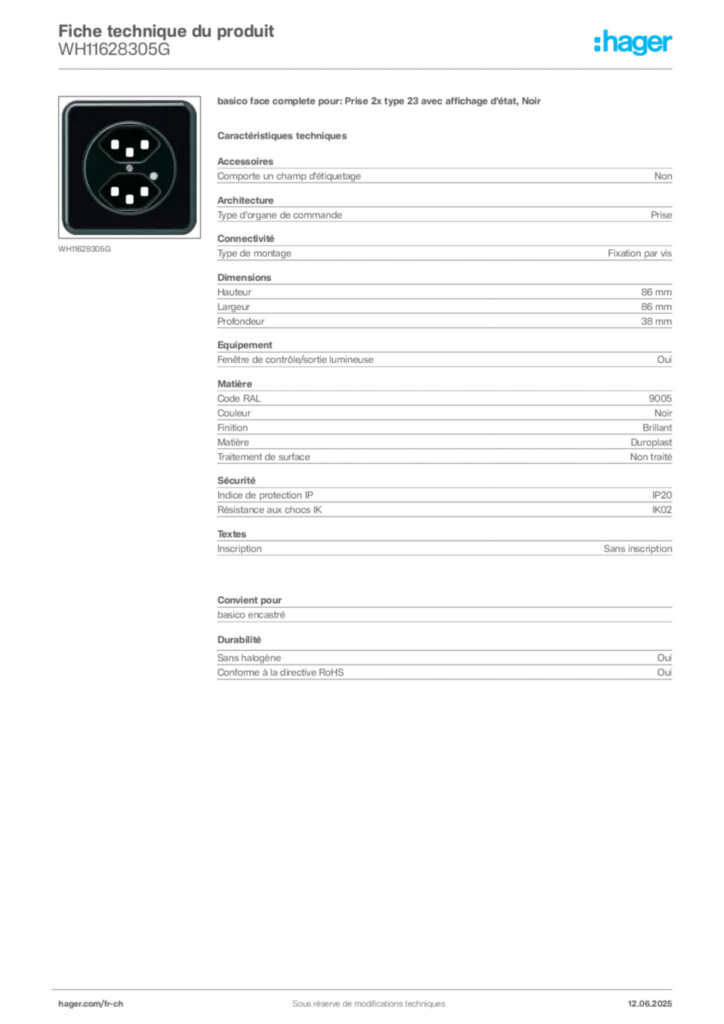 Image Hager Fiche technique du produit WH11628305G | Hager Suisse