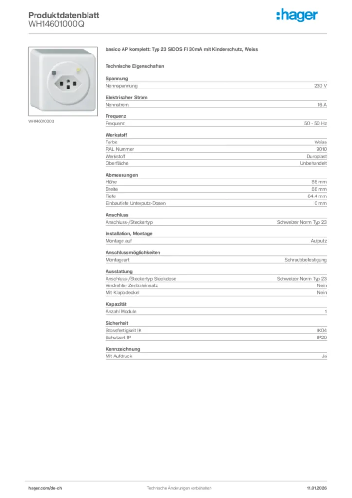 Bild Hager Produktdatenblatt WH14601000Q | Hager Schweiz