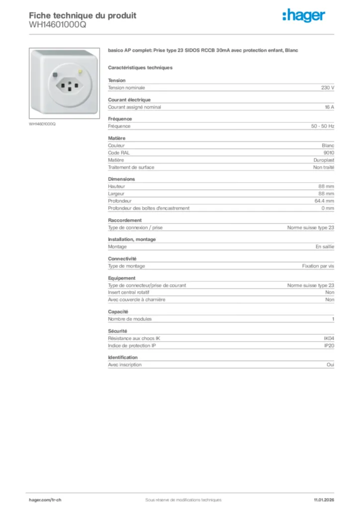 Image Hager Fiche technique du produit WH14601000Q | Hager Suisse