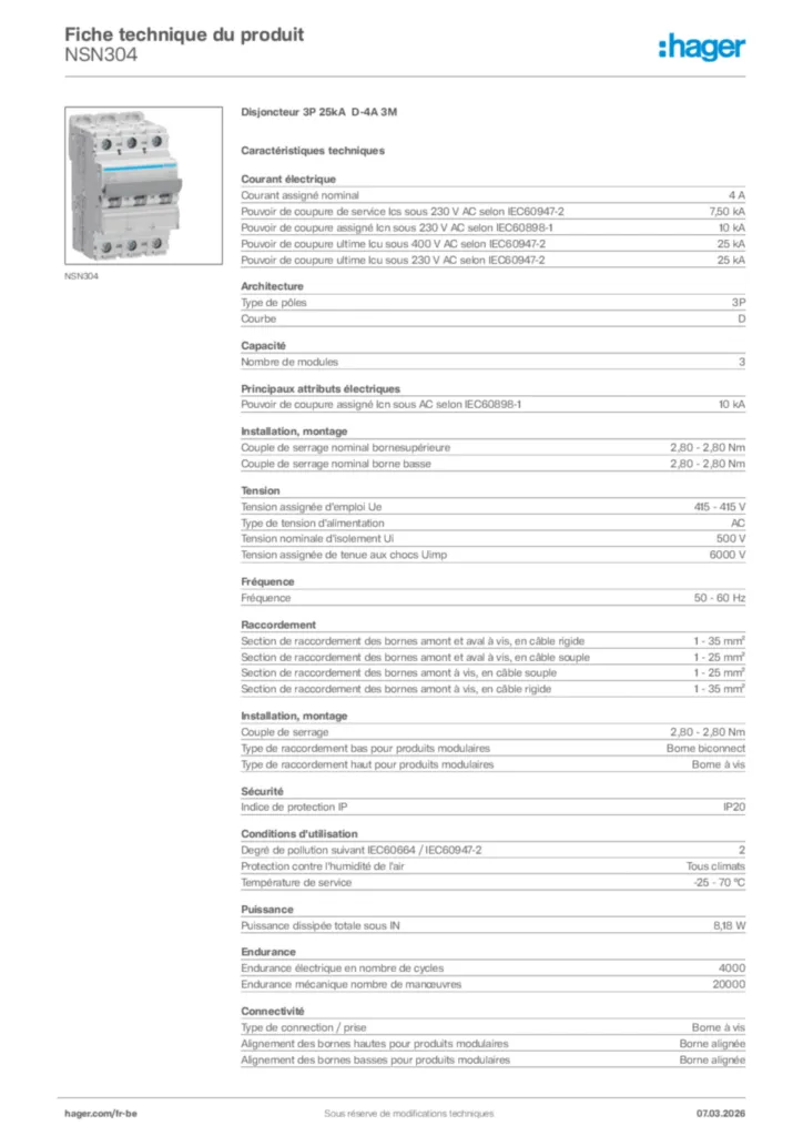 Image Hager Fiche technique du produit NSN304 | Hager Belgique