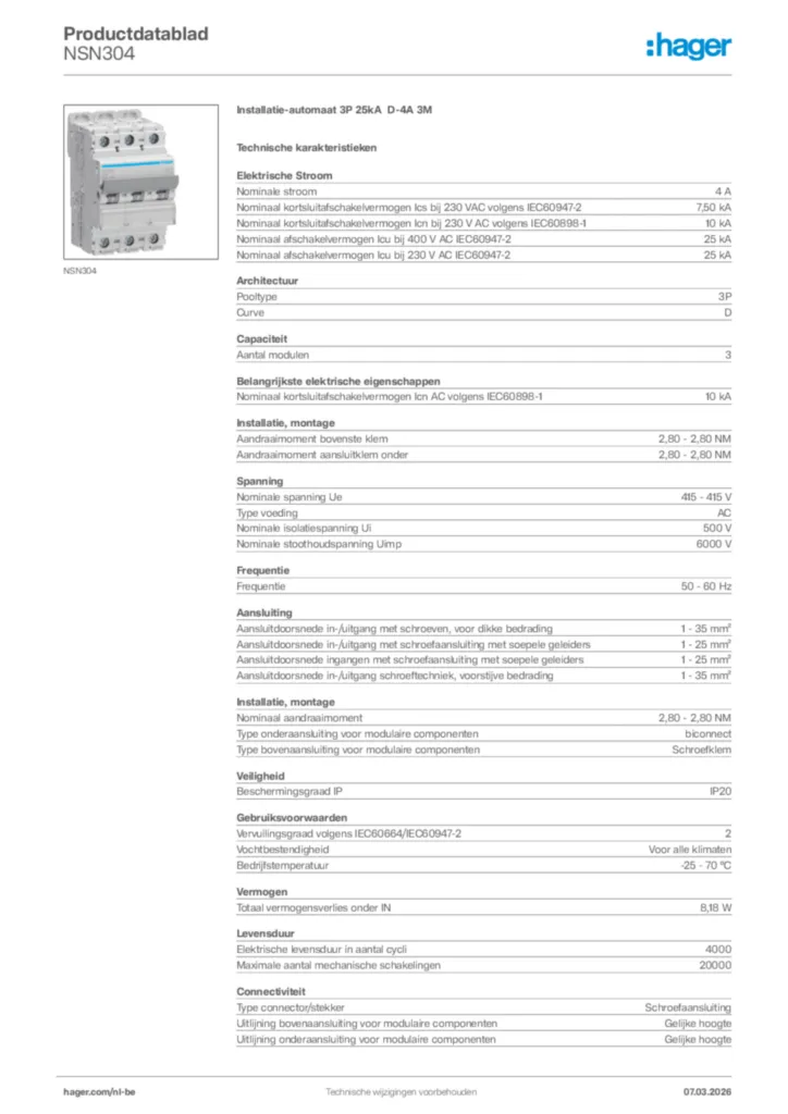 Afbeelding Hager Productdatablad NSN304 | Hager Belgium