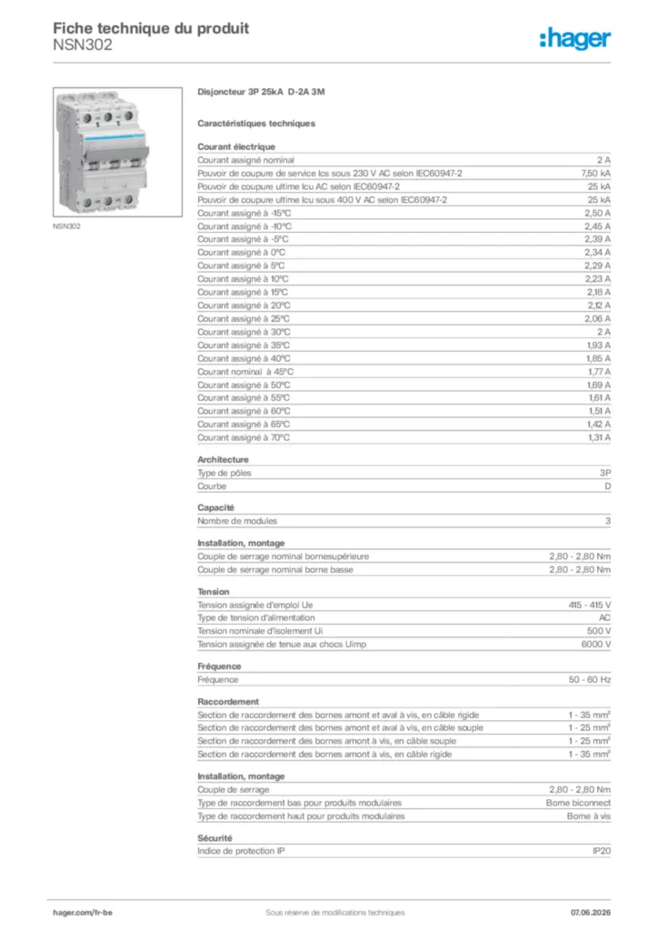 Image Hager Fiche technique du produit NSN302 | Hager Belgique