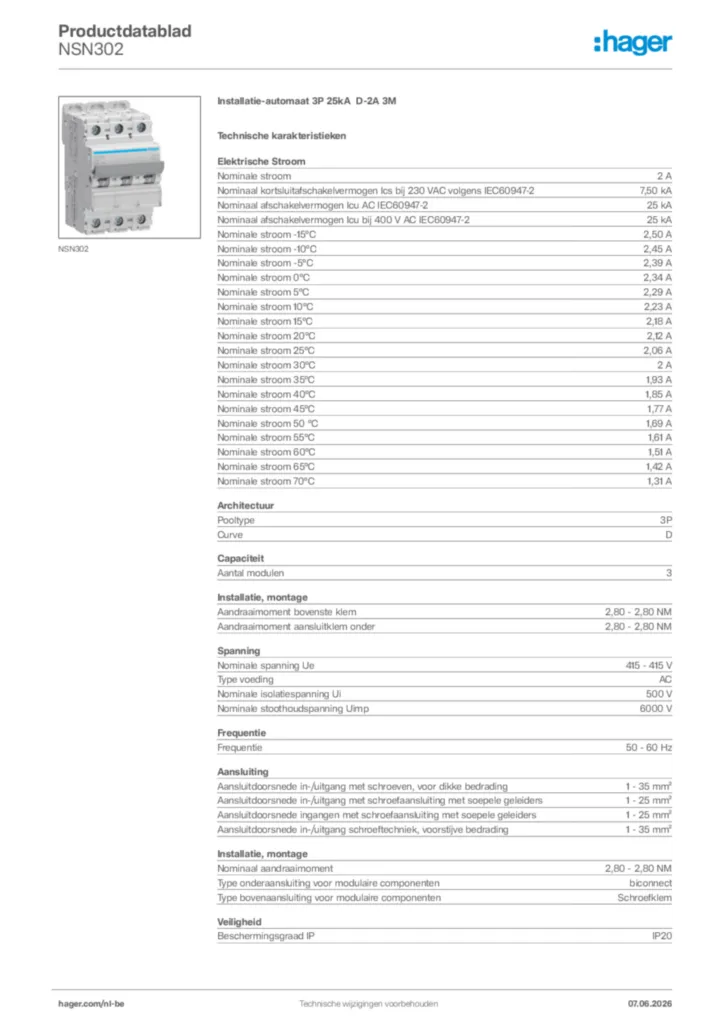 Afbeelding Hager Productdatablad NSN302 | Hager Belgium