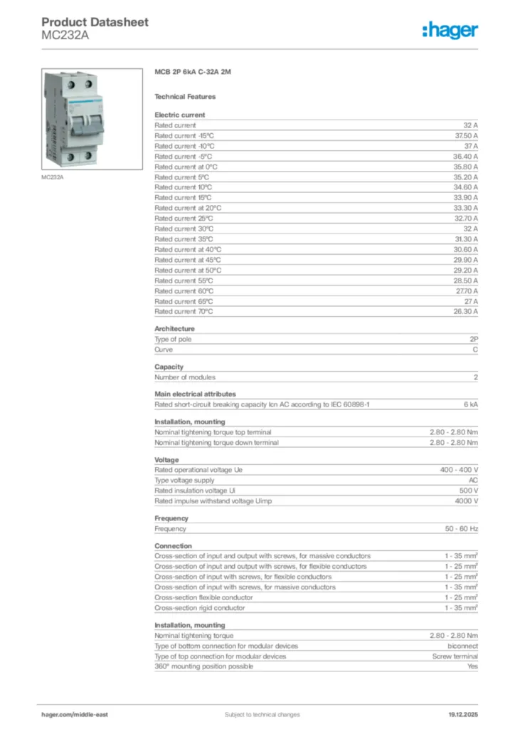 Image Hager Product data sheet MC232A  | Hager