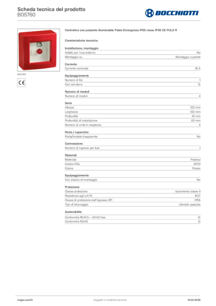 Immagine Bocchiotti Scheda tecnica del prodotto B05760 | Hager Italia