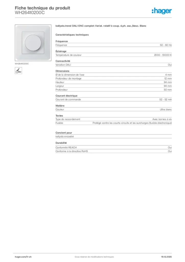 Image Hager Fiche technique du produit WH26410200C | Hager Suisse