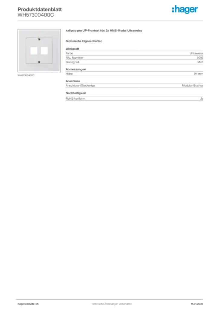 Bild Hager Produktdatenblatt WH57300400C | Hager Schweiz
