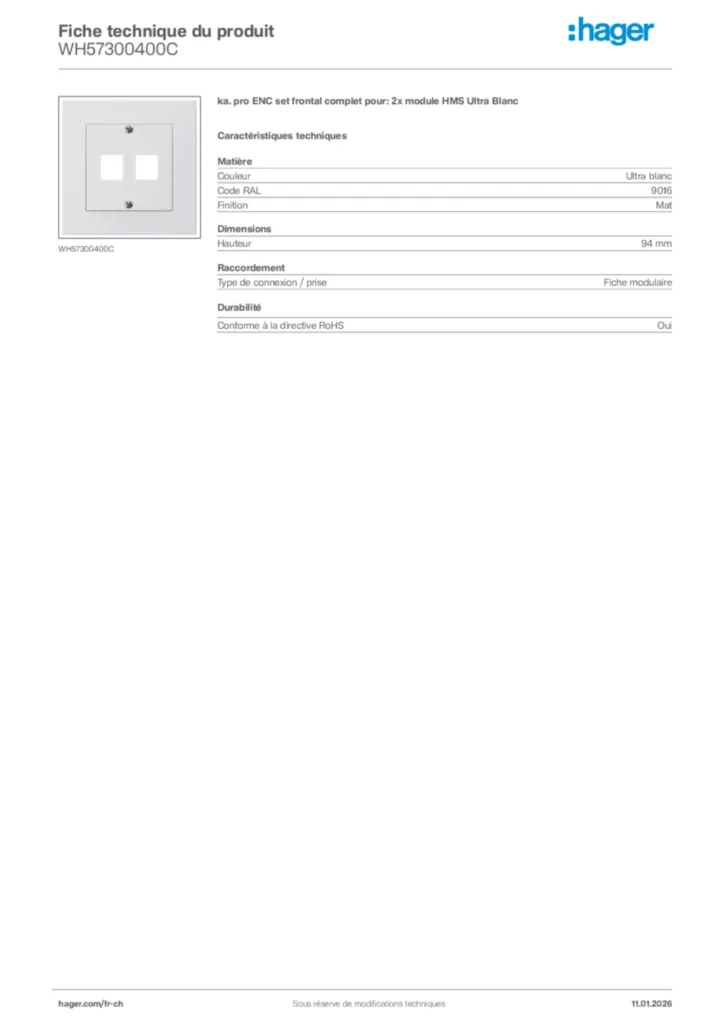 Image Hager Fiche technique du produit WH57300400C | Hager Suisse
