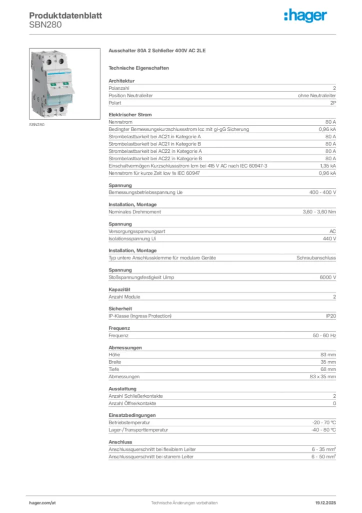 Bild Hager Produktdatenblatt SBN280 | Hager Deutschland