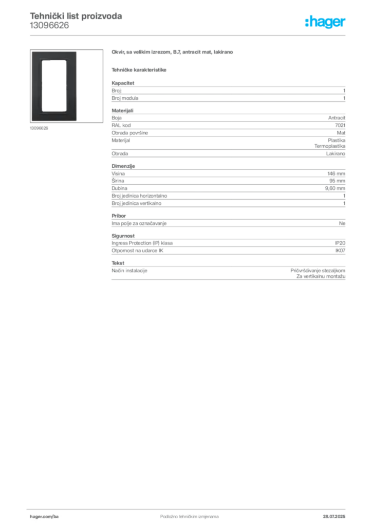 Slika Hager Product data sheet 13096626  | Hager
