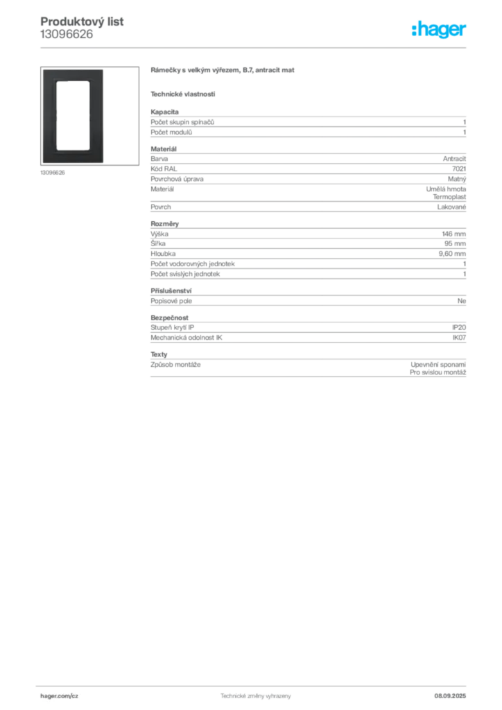 Obrázek Hager Produktový list 13096626 | Hager