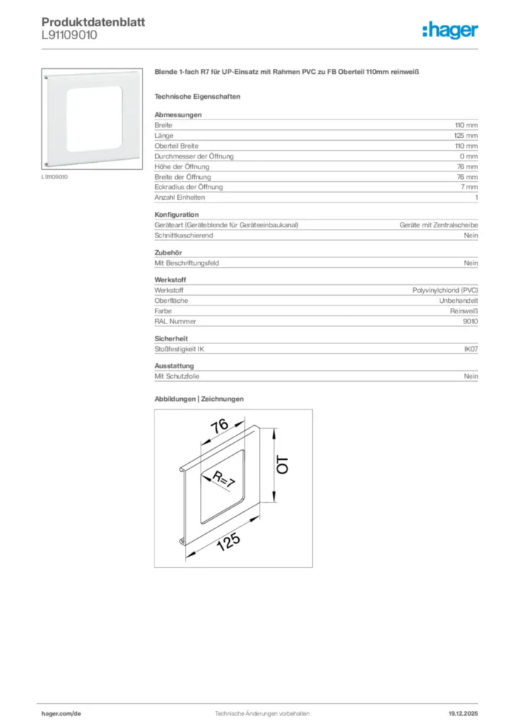 Bild Hager Produktdatenblatt L91109010 | Hager Deutschland