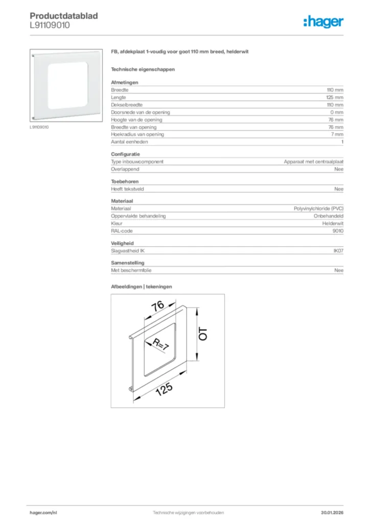 Afbeelding Hager Productdatablad L91109010 | Hager Nederland