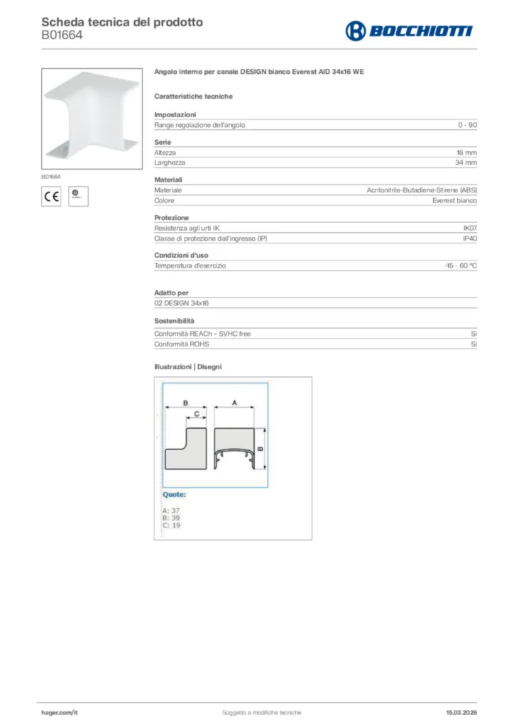 Immagine Bocchiotti Scheda tecnica del prodotto B01664 | Hager Italia
