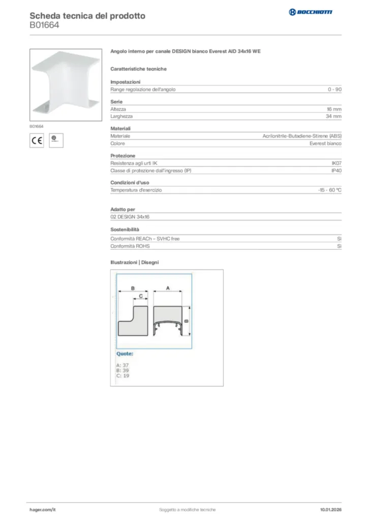 Immagine Bocchiotti Scheda tecnica del prodotto B01664 | Hager Italia