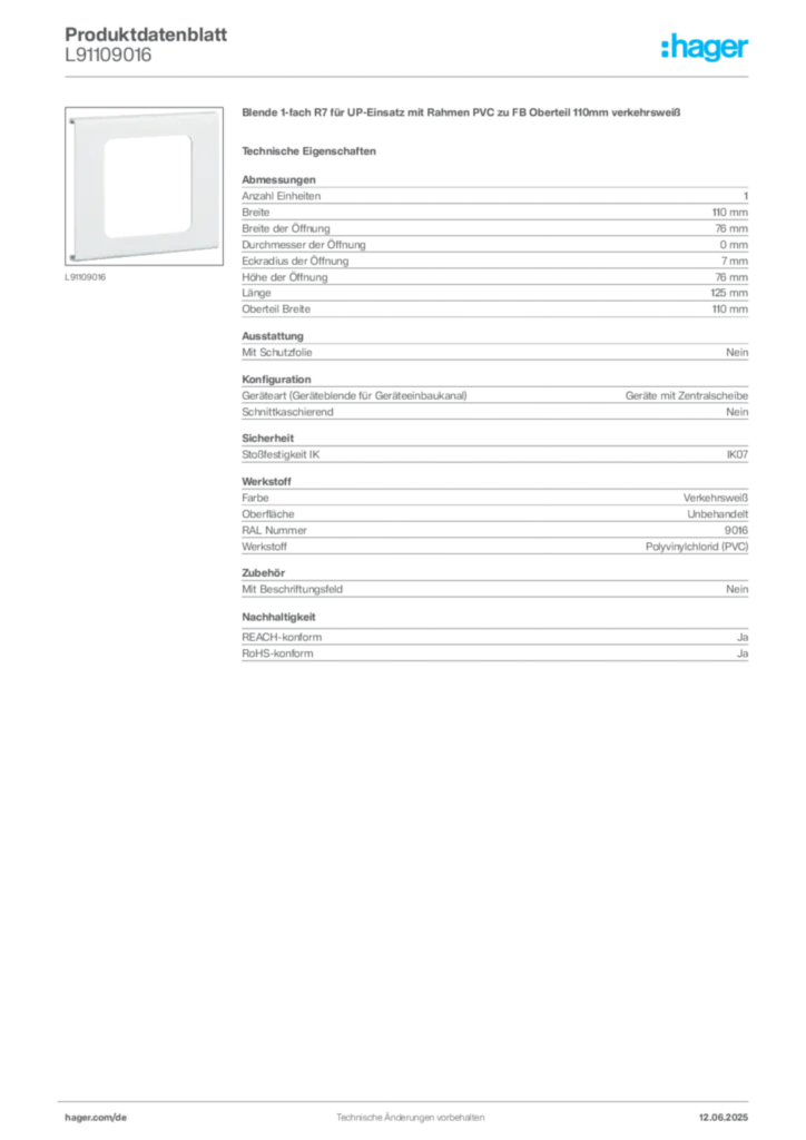 Hager Produktdatenblatt L91109016