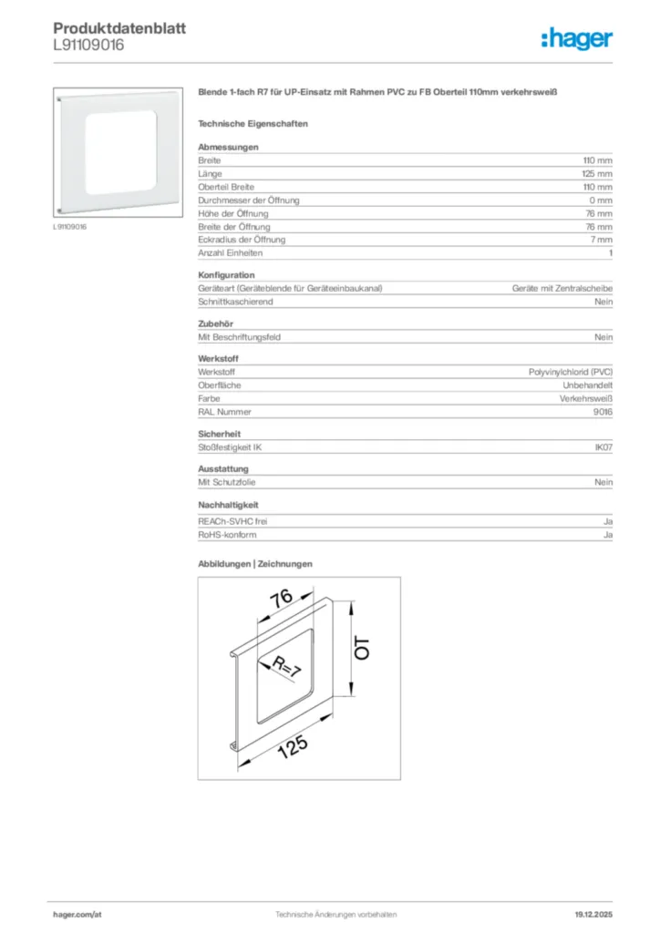 Bild Hager Produktdatenblatt L91109016 | Hager Deutschland