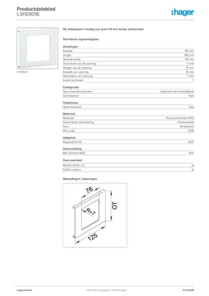 Afbeelding Hager Productdatablad L91109016 | Hager Nederland