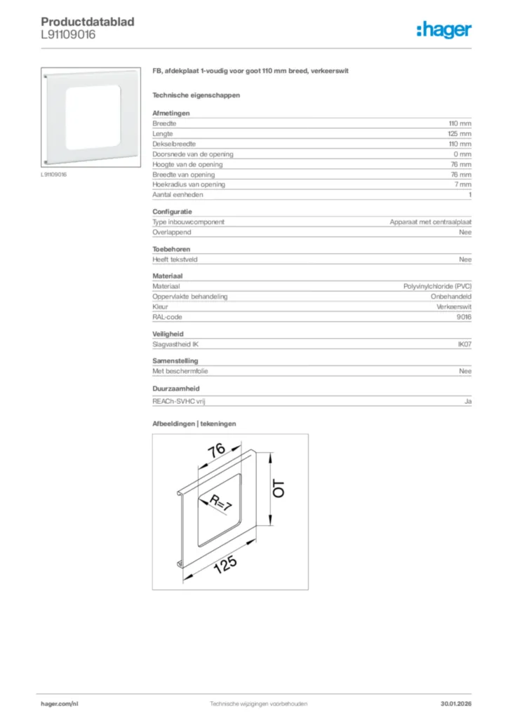 Afbeelding Hager Productdatablad L91109016 | Hager Nederland