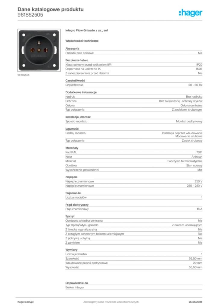 Zdjęcie Hager Karta katalogowa 961852505 | Hager Polska