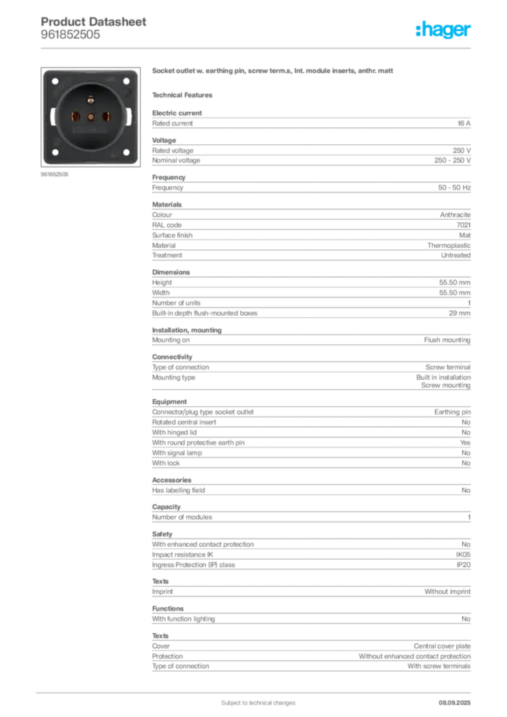 Image Hager Product data sheet 961852505  | Hager