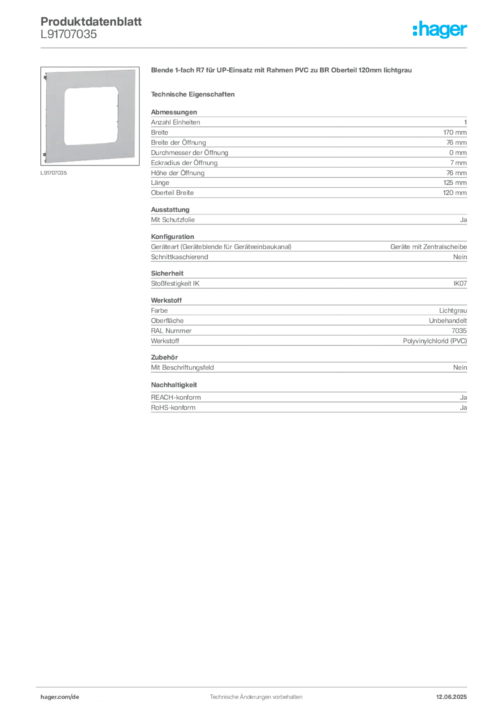 Hager Produktdatenblatt L91707035