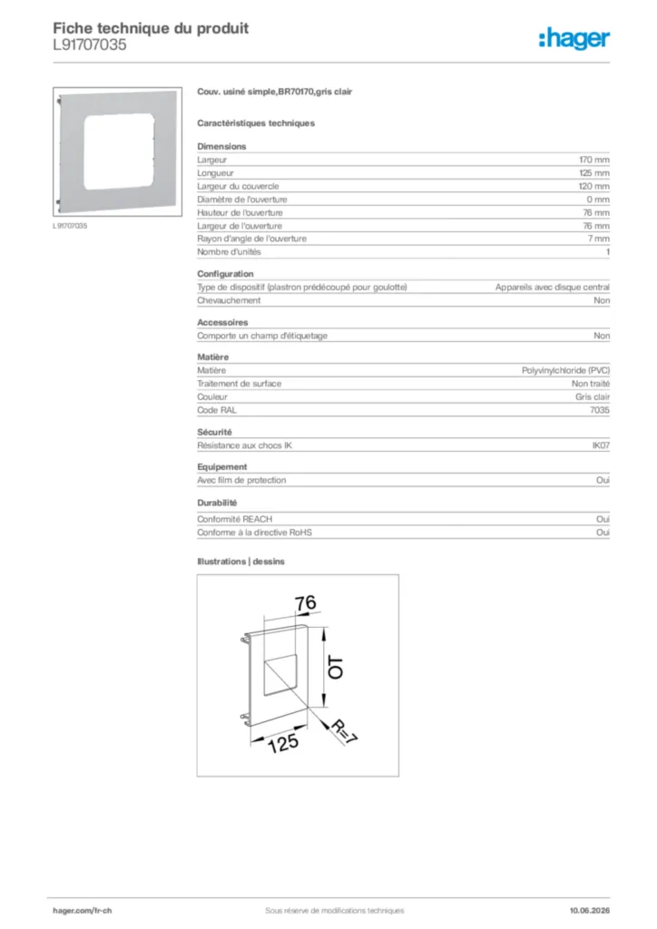 Image Hager Fiche technique du produit L91707035 | Hager Suisse