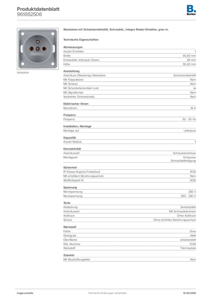 Bild Berker Produktdatenblatt 961852506 | Hager Deutschland