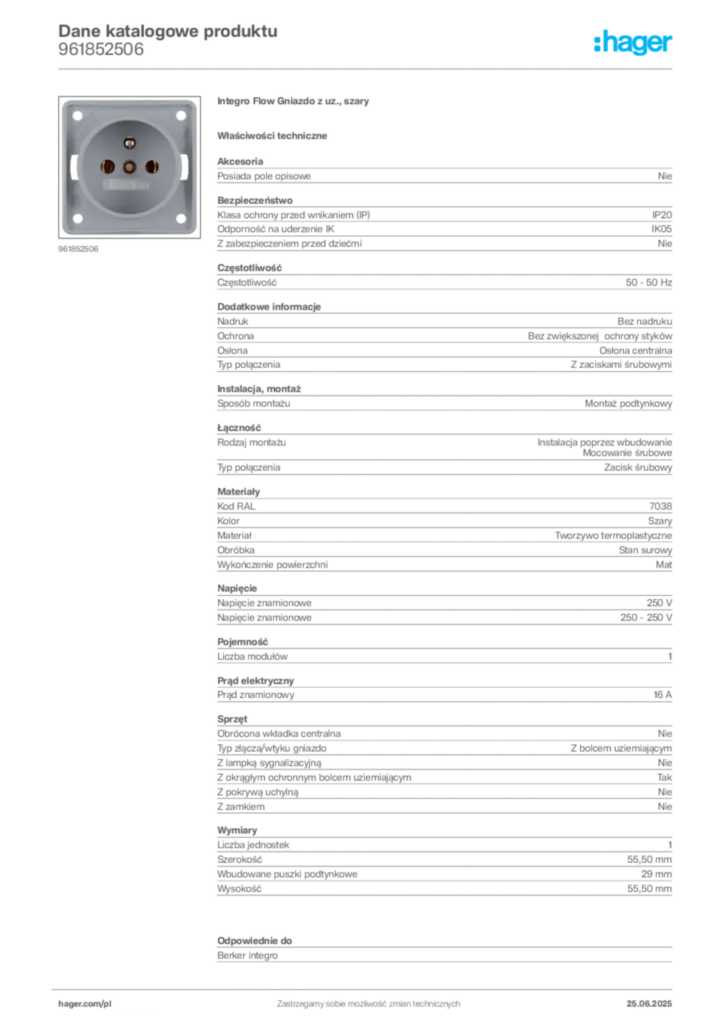 Zdjęcie Hager Karta katalogowa 961852506 | Hager Polska
