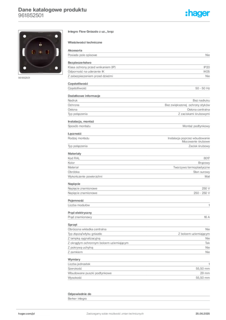 Zdjęcie Hager Karta katalogowa 961852501 | Hager Polska