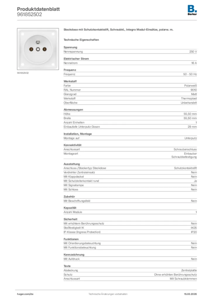 Bild Berker Produktdatenblatt 961852502 | Hager Deutschland