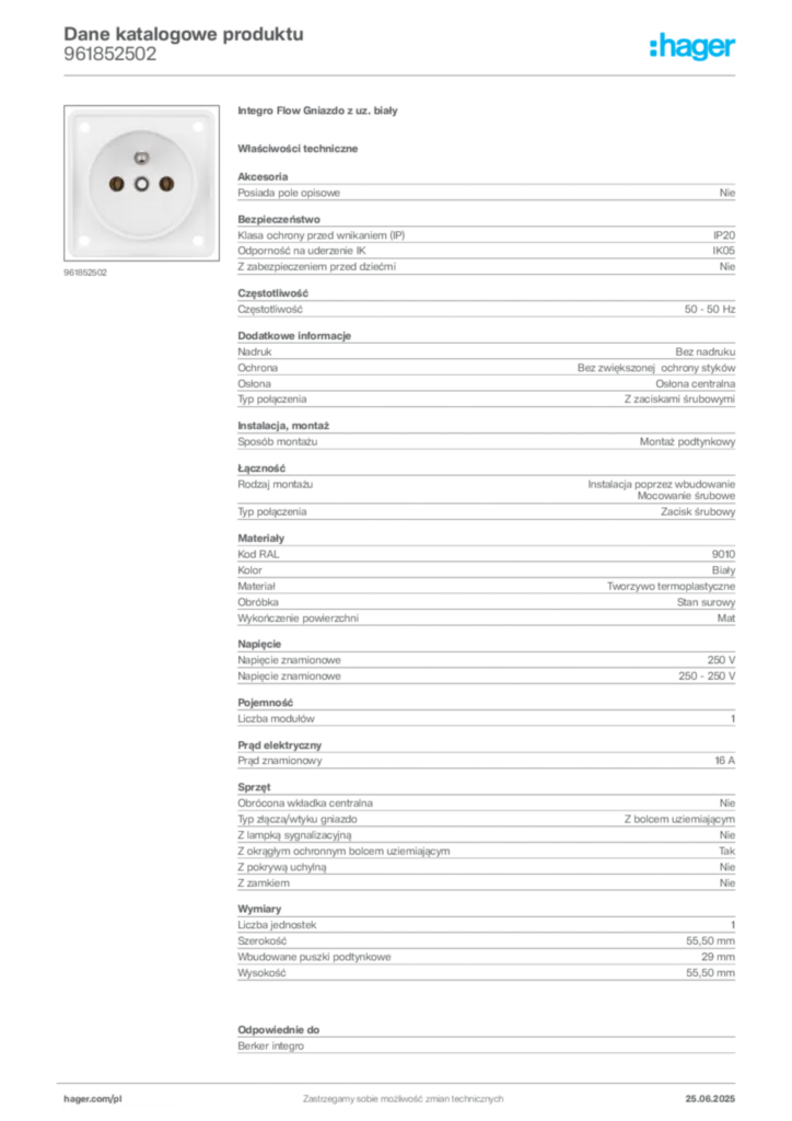 Zdjęcie Hager Karta katalogowa 961852502 | Hager Polska