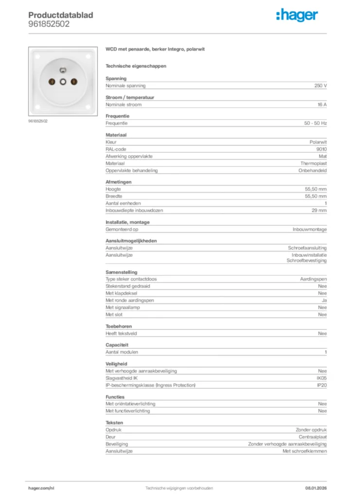 Afbeelding Hager Productdatablad 961852502 | Hager Nederland