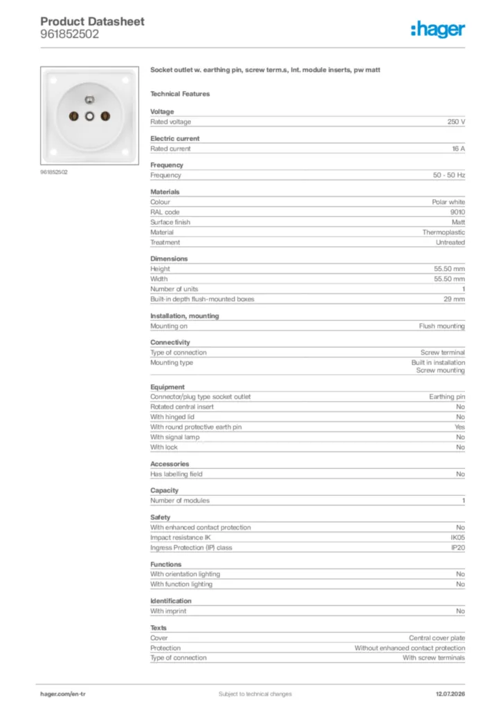 Image Hager Product data sheet 961852502  | Hager