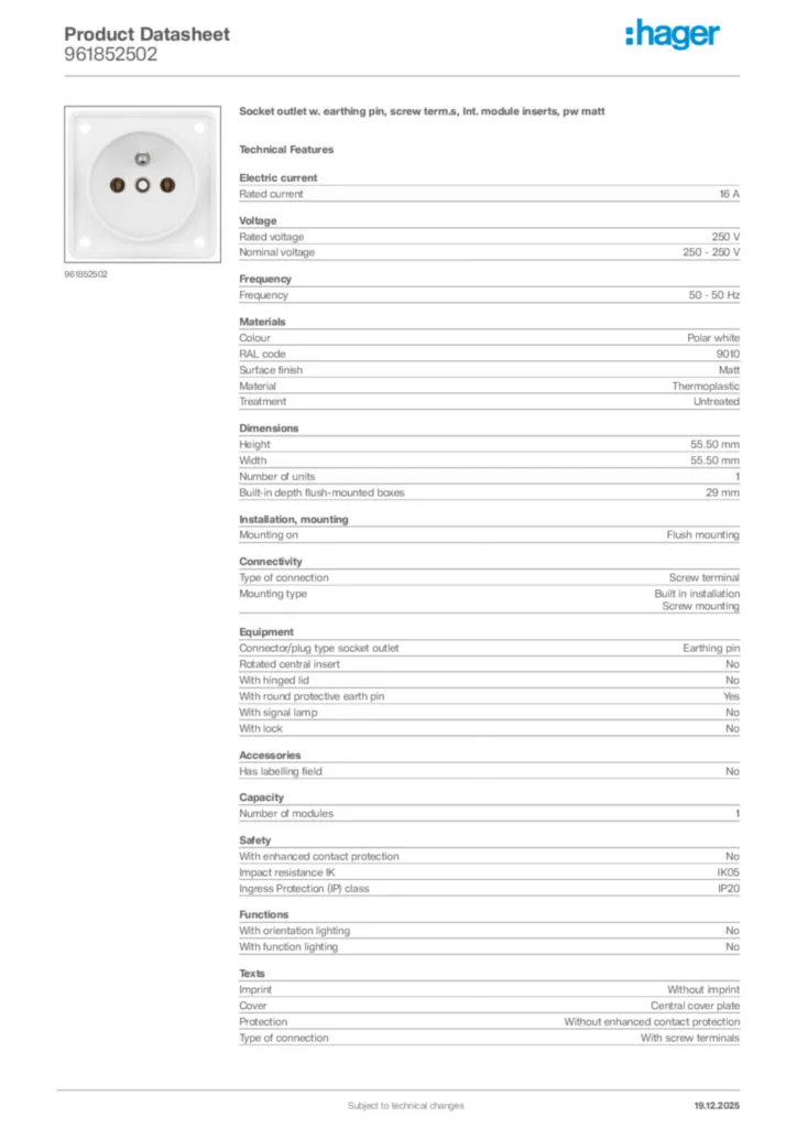 Image Hager Product data sheet 961852502  | Hager