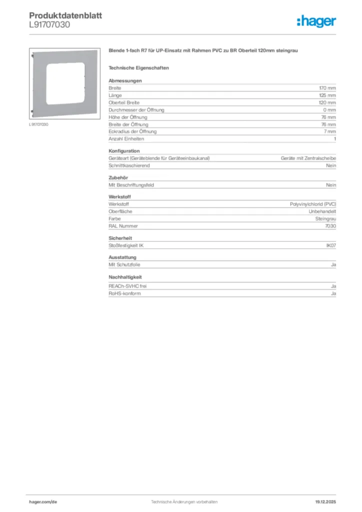 Bild Hager Produktdatenblatt L91707030 | Hager Deutschland