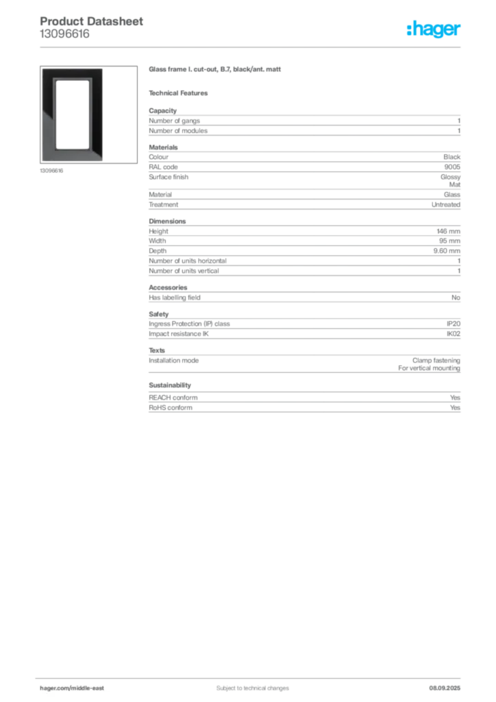 Image Hager Product data sheet 13096616  | Hager