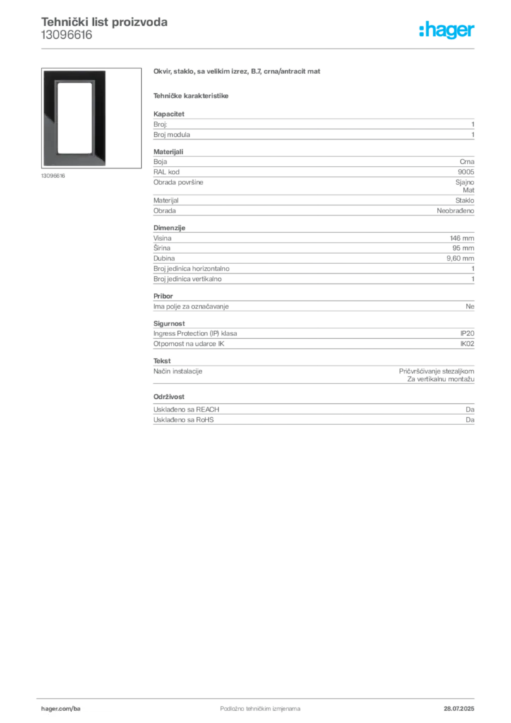 Slika Hager Product data sheet 13096616  | Hager