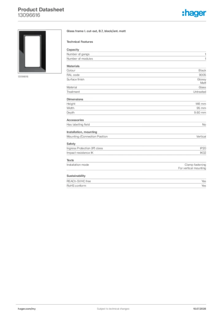 Image Hager Product data sheet 13096616  | Hager