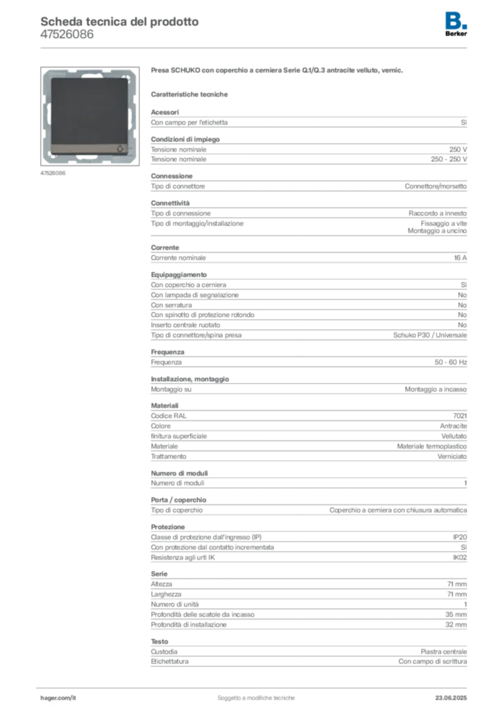 Immagine Berker Scheda tecnica del prodotto 47526086 | Hager Italia