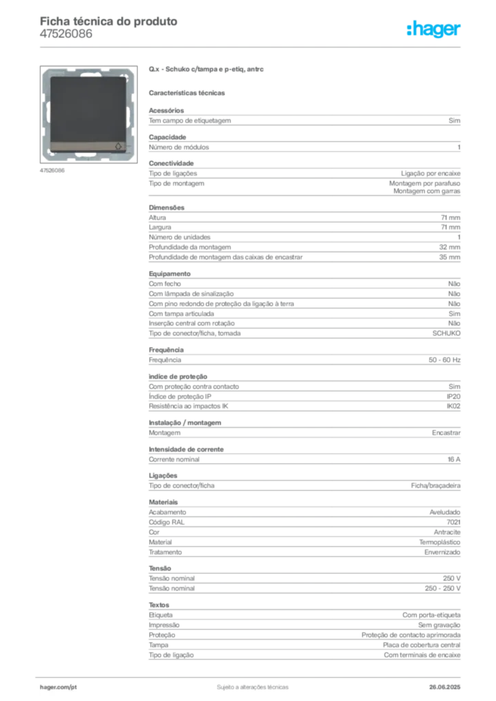 Imagem Hager Ficha técnica do produto 47526086 | Hager Portugal