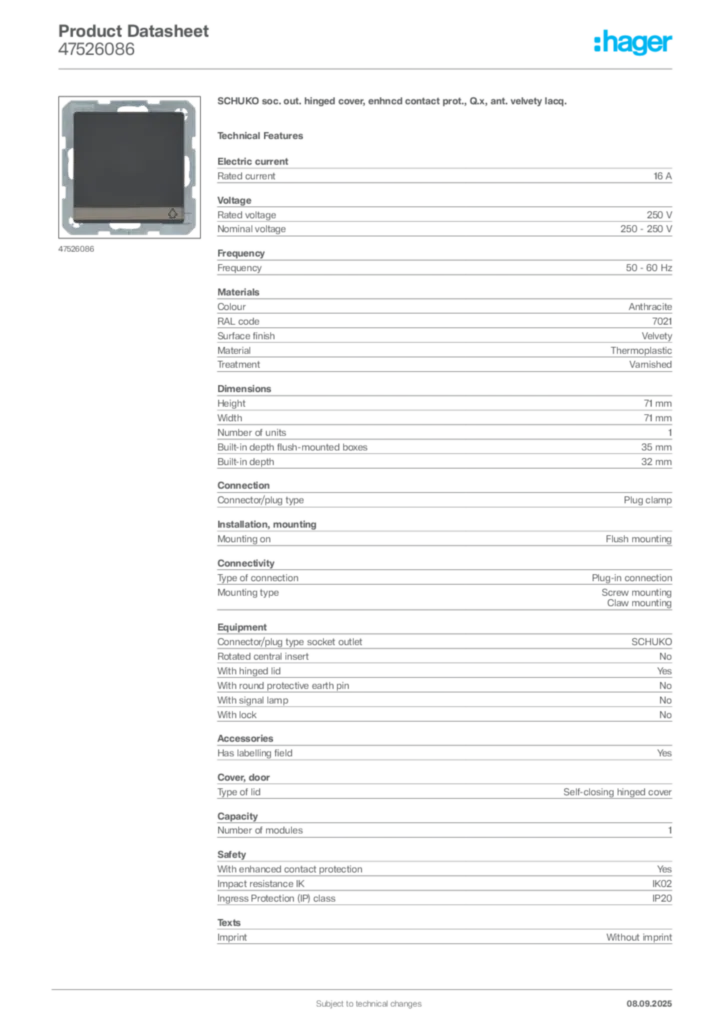 Image Hager Product data sheet 47526086  | Hager