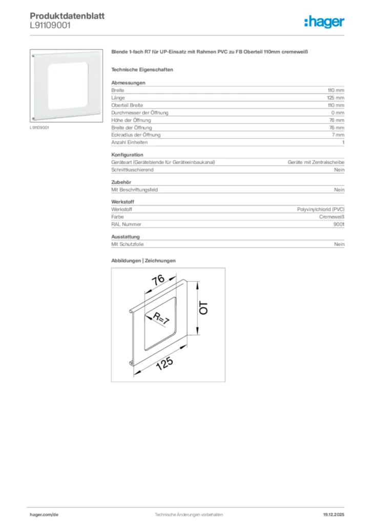 Bild Hager Produktdatenblatt L91109001 | Hager Deutschland