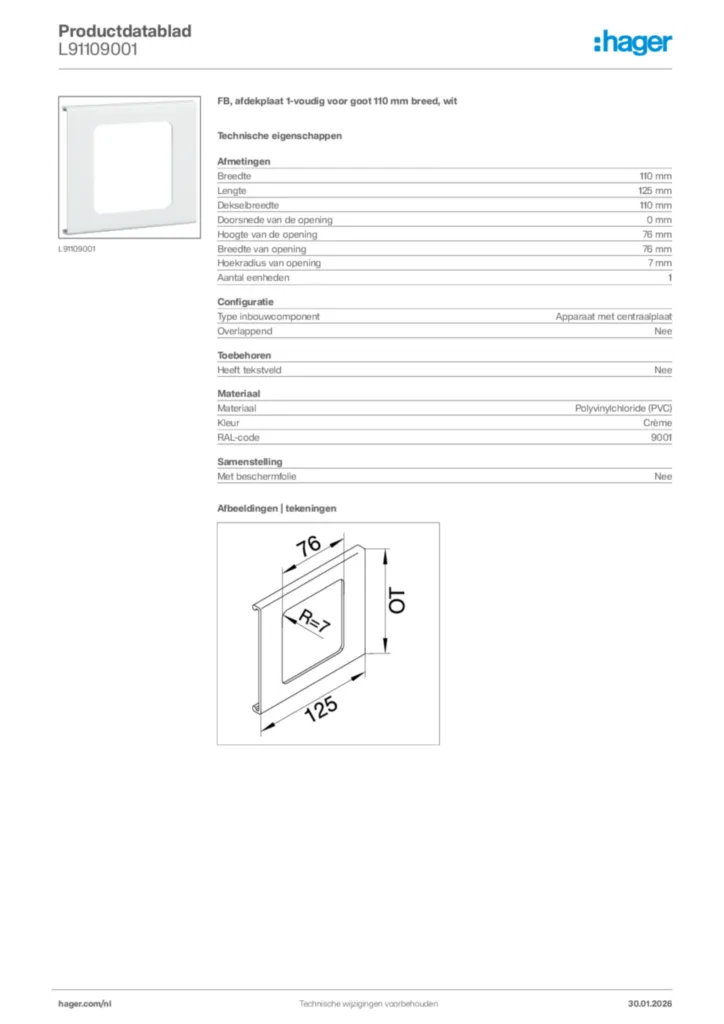 Afbeelding Hager Productdatablad L91109001 | Hager Nederland