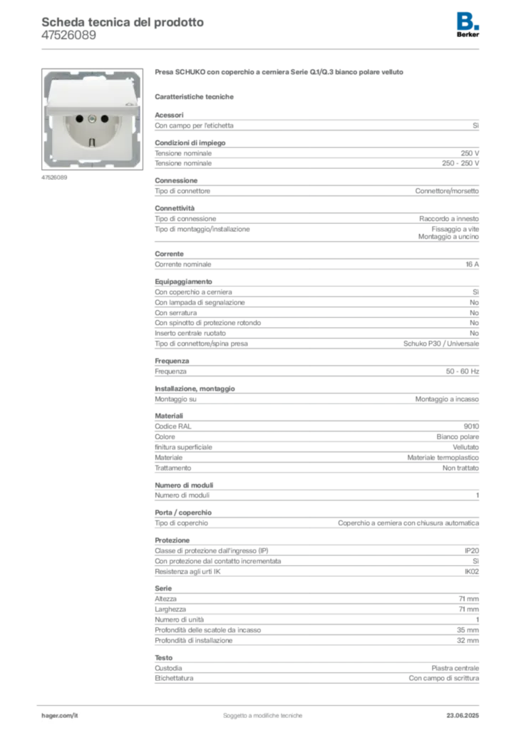 Immagine Berker Scheda tecnica del prodotto 47526089 | Hager Italia