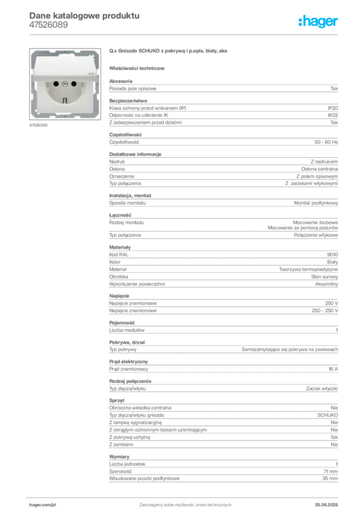 Zdjęcie Hager Karta katalogowa 47526089 | Hager Polska